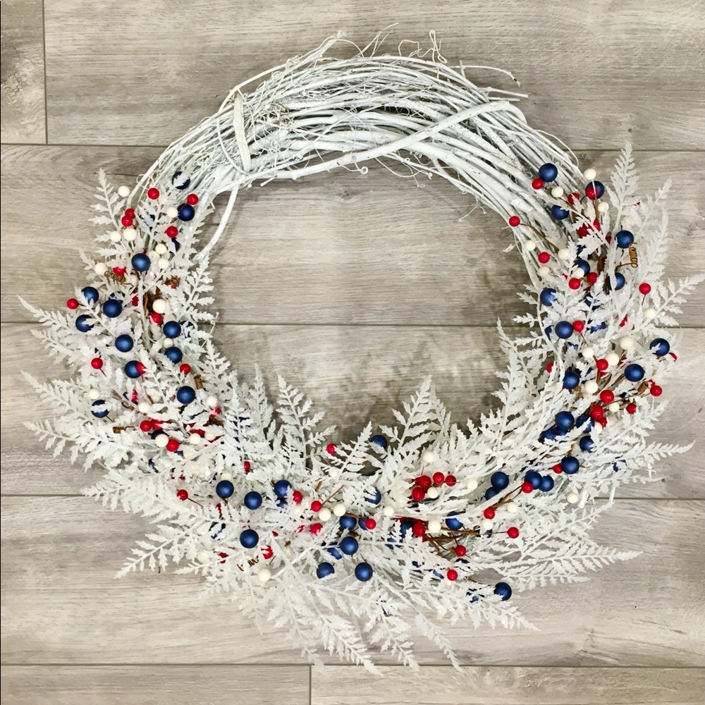 NEW 18" Winter Wreath - Red, White & Blue Handmade Grapevine Wreath